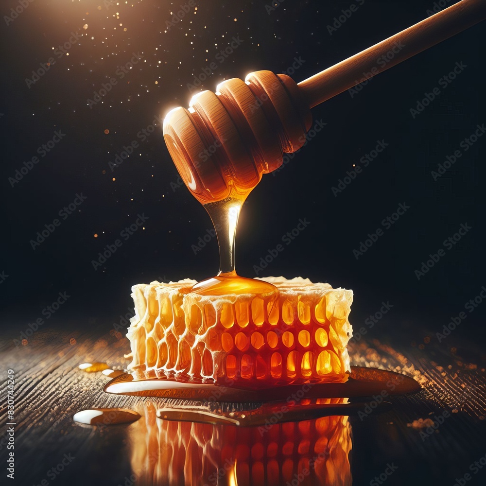Poster a captivating image of a honey dipper dripping golden honey onto honeycomb, illuminated against a da