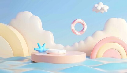 Background podium baby cute product 3d cloud kid children display banner room toy design blue. Podium scene boy background rainbow baby stand studio presentation shower template sale stage poster sky