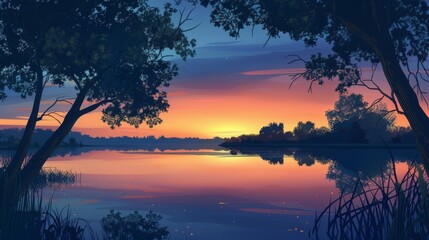 Naklejka premium Serene Sunset Over a Tranquil Lake