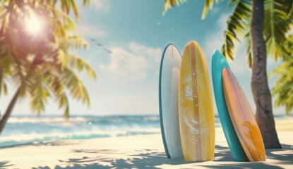 surfboards under a palm tree at the beach in Thailand, beach with palm trees, holiday vacation concept