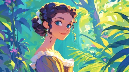Illustration of Jane Austen in a vibrant 2d caricature style capturing the essence of the renowned 19th century British female author