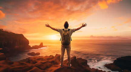 Fototapeta premium Confident man with backpack with arms up relaxing at sunset seaside during a trip , male traveler enjoying freedom in serene nature landscape