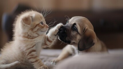 A kitten playfully pawing at a puppy's nose, the puppy watching with amusement. hd realistic photography --ar 16:9