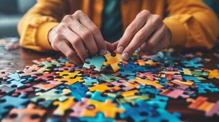 A person sitting at a table, engrossed in solving a colorful jigsaw puzzle, with pieces scattered around them.