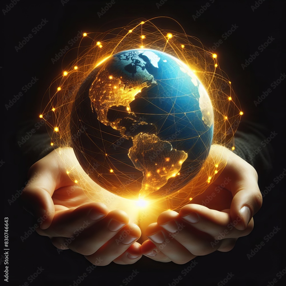 Poster a dramatic digital image of two hands holding a brightly illuminated globe, signifying global care a