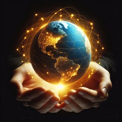 A dramatic digital image of two hands holding a brightly illuminated globe, signifying global care and responsibility.. AI Generation