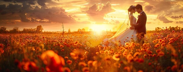 Couple's Sunset Wedding in a Field of Flowers