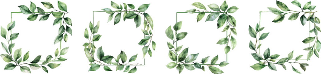 Set of frames with watercolor green leaves png. Frame with green stitches on an isolated background. Templates for wedding invitations, banners and other designs.