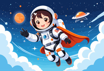 a boy in a space suit flying through the sky