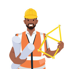 Young architect builder worker. construction engineer. man wearing helmet. Flat vector illustration isolated on white background