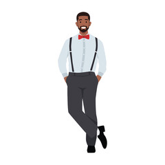 Handsome man wearing trousers with suspenders, shirt, bow tie. Flat vector illustration isolated on white background