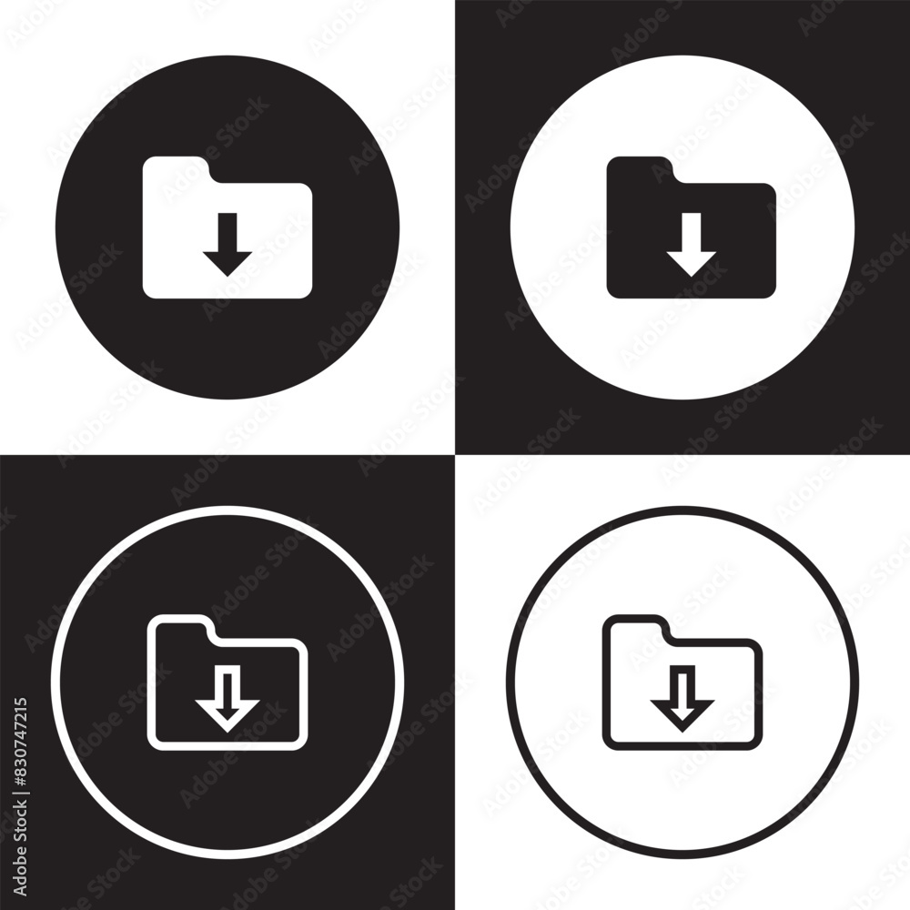 Poster download folder icon, file document import icon sign with arrow down - save folder file icon button.