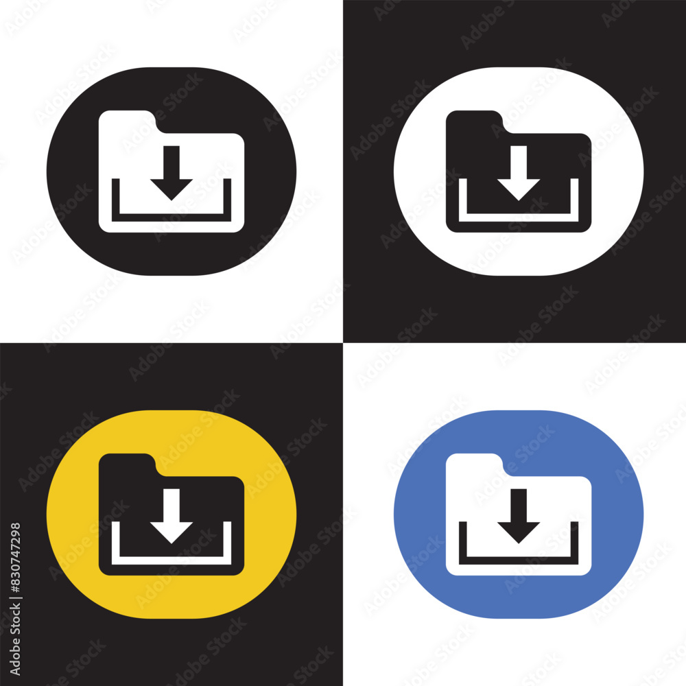 Poster download folder icon, file document import icon sign with arrow down - save folder file icon button.