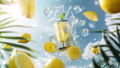 White drink can, hovering flying above the crystal clear water beside a gorgeous palm leaf.