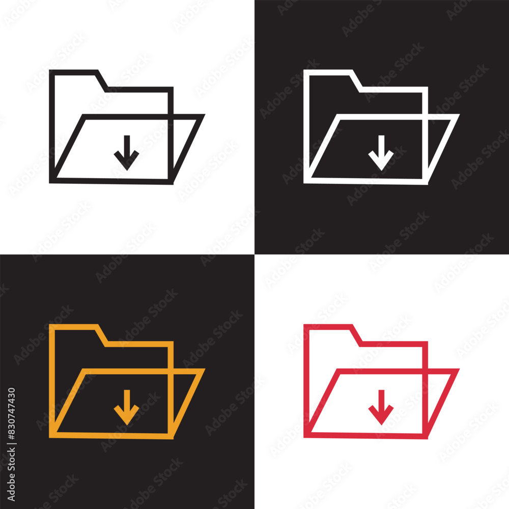 Poster download folder icon, file document import icon sign with arrow down - save folder file icon button.