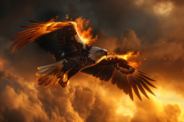 A large eagle is flying through a fiery sky. Concept of power and freedom, as the eagle soars above the flames. The contrast between the eagle and the fire creates a dramatic and captivating scene