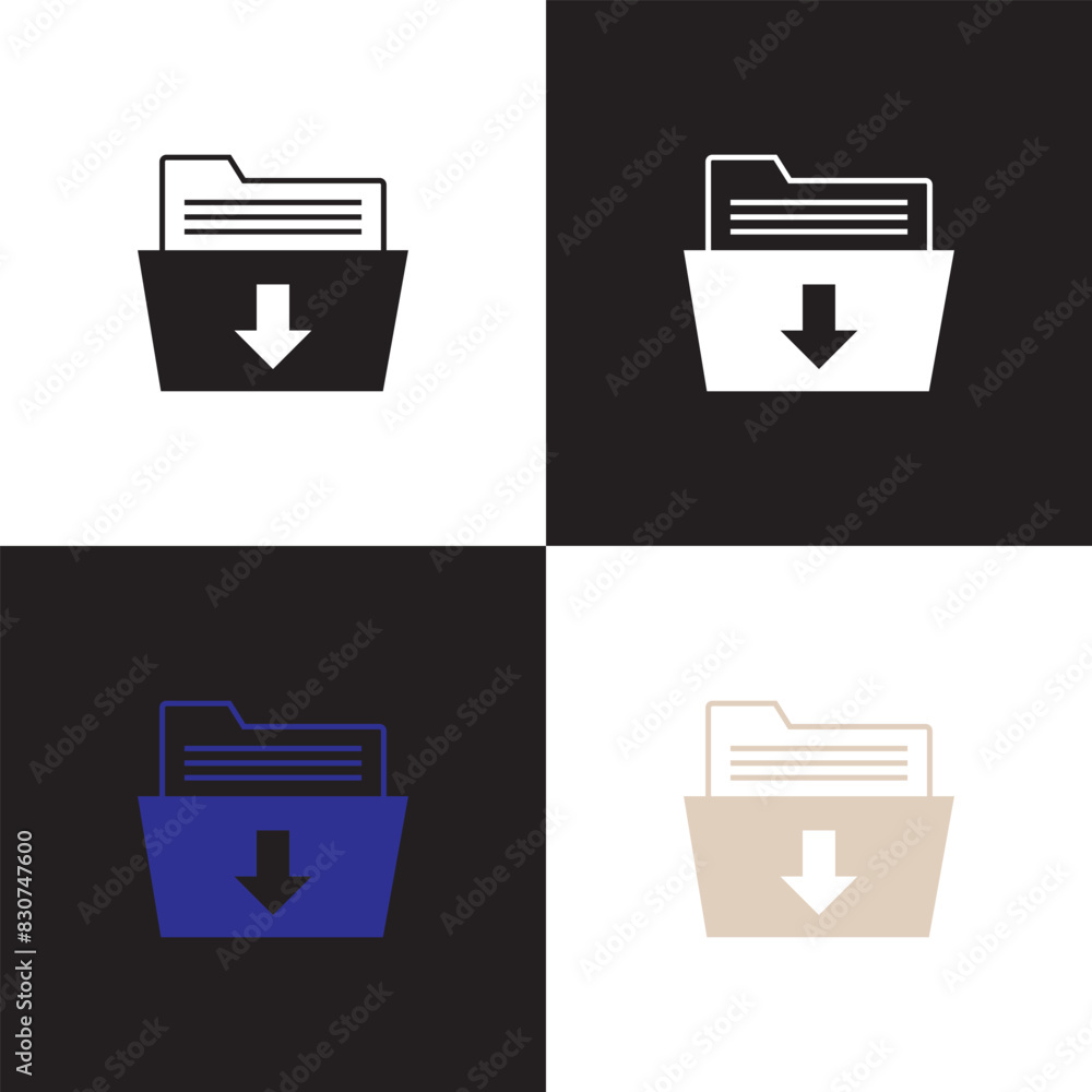Poster download folder icon, file document import icon sign with arrow down - save folder file icon button.