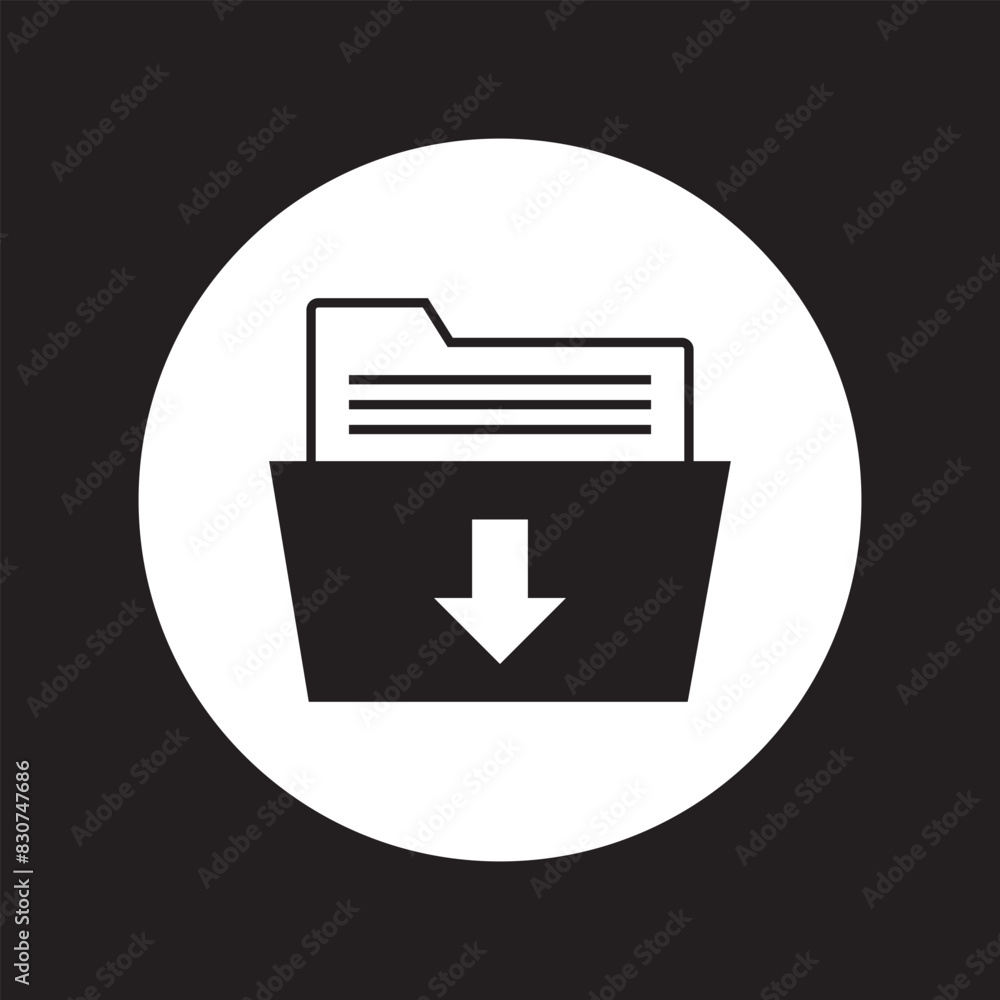 Poster download folder icon, file document import icon sign with arrow down - save folder file icon button.