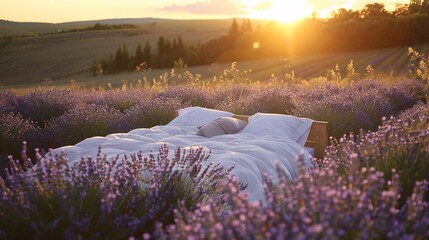 Serene Sunset in Lavender Fields with a Cozy Bed at Center