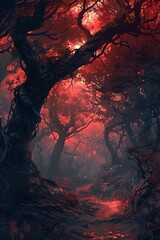 Ethereal Forest: A Red and Dark Fantasy Landscape
