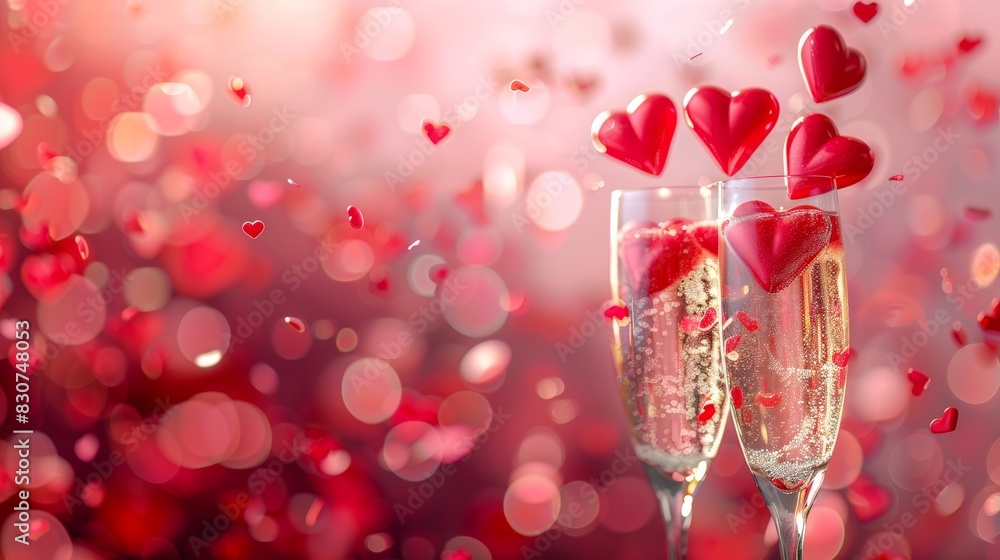 Poster champagne glasses filled with sparkling wine amidst a romantic backdrop of floating red hearts and s