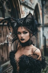 Gothic themed portrayal of a woman with a captivating allure, dressed in cat cosplay that melds sophistication with a hint of the wild, against backdrop of an old, mysterious castle, ai generated	