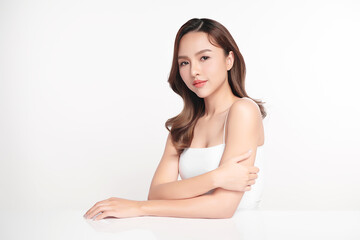 Fototapeta premium Beautiful young asian woman with clean fresh skin on white background, Face care, Facial treatment, Cosmetology, beauty and spa, Asian women portrait.