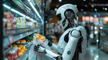 Fototapeta premium A robot picking out groceries in a store aisle, highlighting the integration of AI and robotics in everyday life and retail. 