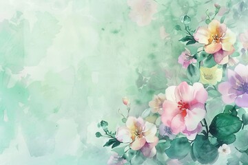 Light Green Background with Floral Watercolor: A light green background adorned with delicate watercolor flowers in shades of pink, purple,