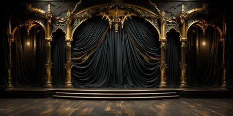 black with golden curtain stage with frames,