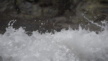 Close-up of powerful, rushing white water in a fast-moving river. The turbulent flow creates a dynamic and energetic scene, perfect for themes of nature, adventure, and raw natural power.
