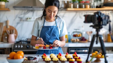 Fototapeta premium The woman decorating cupcakes