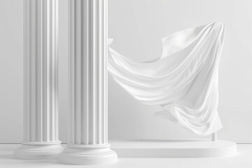 Two white pillars and a white sheet of fabric blowing in the wind