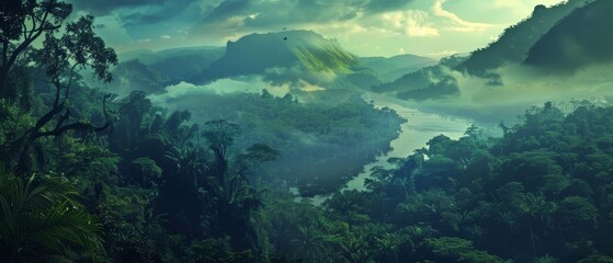 Fototapeta premium As twilight descends, an emerald jungle unfurls along a winding river, with mist clinging to the mountainous backdrop, creating a layered tapestry of nature's serenity.