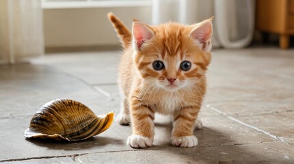 Fototapeta premium Curious Kitten and Snail Shell