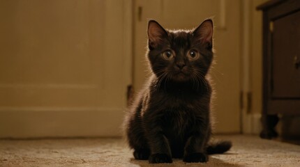 Cute Black Kitten Sitting on Carpet