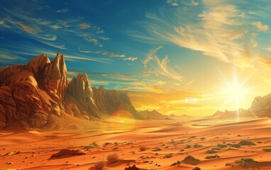 As the sun sets, it illuminates spires of rock standing tall amidst the desert sands, creating a striking interplay of light and shadow. The scene captures the raw beauty of the desert environment.