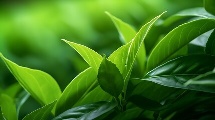 Macro photography of the glossy, deep green leaves of a tea plant, under bright light, representing cultivation and culture.