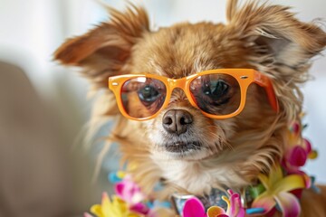 Adorable Small Dog with Hula Glasses and Flower Lei