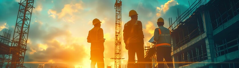 A civil engineer discussing plans with a team, copy space, teamwork theme, ethereal, composite, construction site backdrop