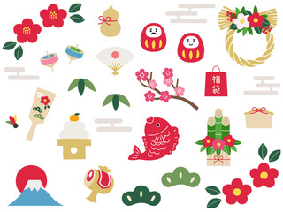かわいいお正月のアイコンのベクターイラストセット　年賀状　素材