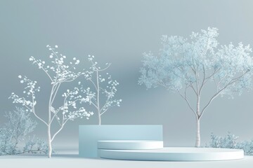 A blue and white background with three trees and a blue and white box