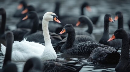 Obraz premium White swan among black ones. Concept leader of the business team indicates the direction of the movement towards the goal 