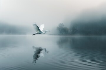 A white bird is flying over a body of water