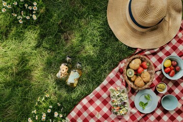 empty space for picnic on the grass, and healthy food background. The green lawn has fresh vegetables in bowls, fruits on cloth with basket nearby, water bottle, cherry bowl, straw hat