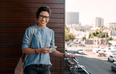 Businesswoman, balcony and happy portrait with smartphone, creative entrepreneur and social media...