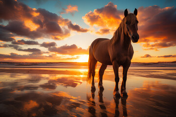 A brown horse standing on top of a sandy beach under a cloudy blue and orange sky with a sunset.
