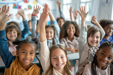 Fototapeta premium Group of pupils at school with their hands raised and the classroom in the background. Back to school. Children students raising their hands at lesson and having fun in class to answer the question.