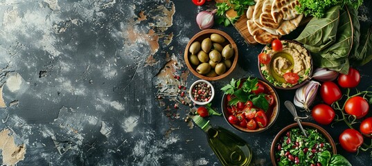 Mediterranean Delights: A top-down view of a background with Mediterranean food featuring hummus, falafel, tabbouleh, pita bread