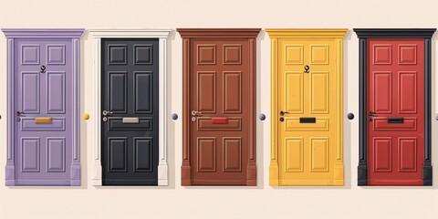 The image displays a collection of colorful doors with different designs and colors, arranged side by side.